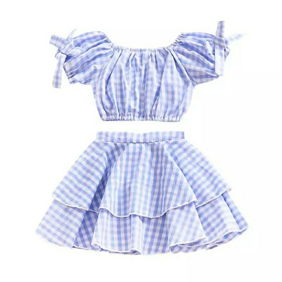 Toddler Girl Plaid Print Off Shoulder Bowknot Set - Picture 7 of 7
